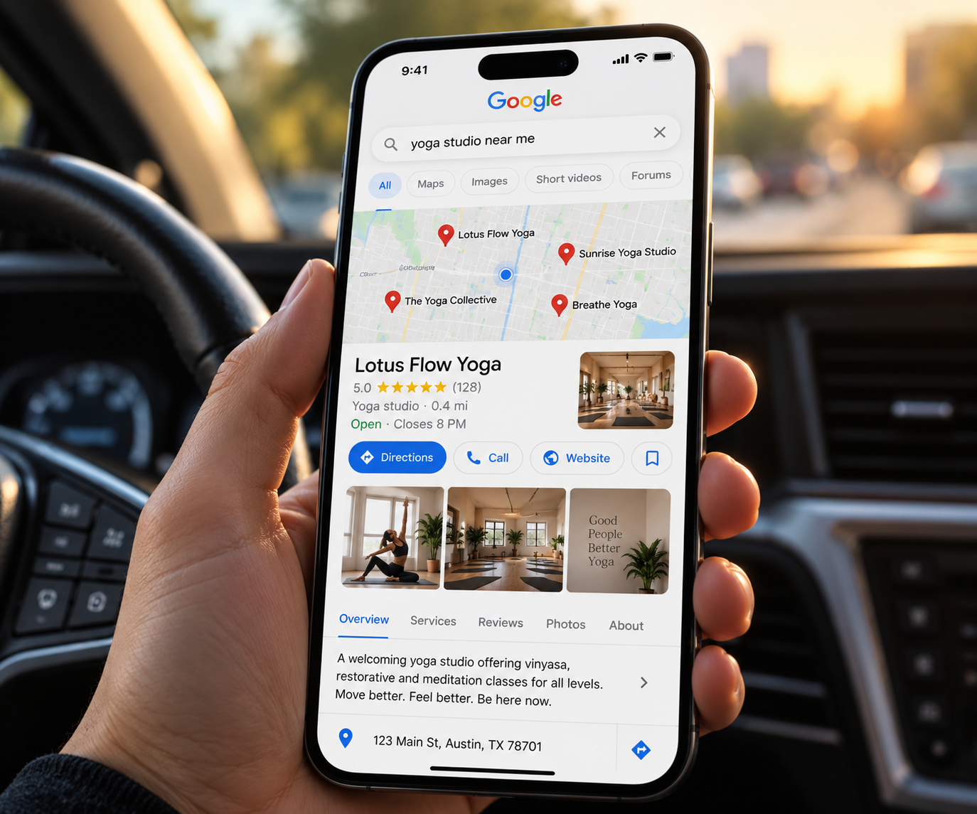 Yoga studio appearing in Google local search results